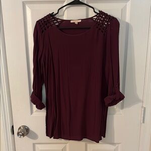 Skies Are Blue Red Blouse with Cuffed Sleeves and Relaxed Fit